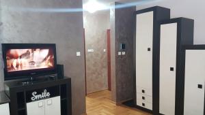 - un salon avec une télévision et un miroir dans l'établissement Apartman Adzic, à Zlatibor