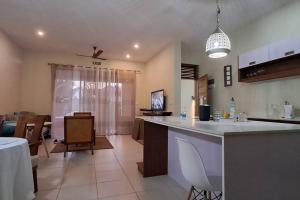 a kitchen and living room with a counter top at les Villas Thorel -Hibiscus in Rivière Noire
