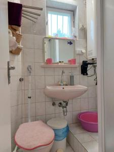 ein Badezimmer mit einem Waschbecken, einem WC und einem Spiegel in der Unterkunft Emmy Apartman in Hajdúszoboszló