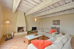 ein Wohnzimmer mit 2 Sofas und einem Kamin in der Unterkunft Apartment Olivo in Trequanda