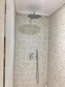 y baño con ducha y cabezal de ducha. en Piso en el emblemático barrio antiguo de Oviedo, en Oviedo
