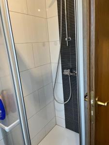 een douche met een glazen deur in de badkamer bij Bochum, zentr. aber ruhige Lage! in Bochum