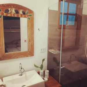 uma casa de banho com um lavatório e um chuveiro com um espelho. em Sitio Anju em Atibaia
