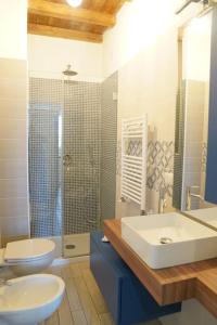bagno con 2 servizi igienici, lavandino e doccia di Dimora il Fontanile a Castel di Guido