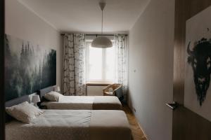 Cette chambre comprend 2 lits et une fenêtre. dans l'établissement Flathouse Apartment Centrum, à Białystok