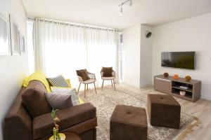 a living room with a couch and a tv at Rosa Edifício Van Gogh in Gramado