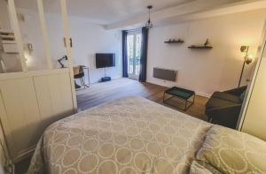 Un dormitorio con una cama, un sofá y un televisor. en Grand Studio neuf Parking Privatif 3 minutes Gare au calme, en Poitiers