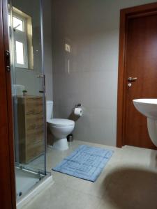 a bathroom with a toilet and a sink and a shower at Centrally Located Bugibba Apartment - Seaside Comfort in St Paul's Bay