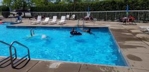 two people are swimming in a swimming pool at Clarion Pointe Near Erie Casino in Erie