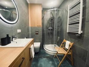łazienka z prysznicem, toaletą i umywalką w obiekcie Apartament Dekerta garaż, duży taras, smart tv w mieście Gorzów Wielkopolski