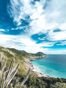a view of the ocean from a hill with a cactus at Suíte Pontal in Arraial do Cabo