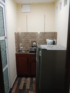 uma pequena cozinha com um frigorífico e um lavatório em Friendly home stay em Etagama