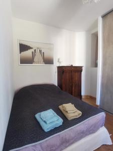 a bedroom with a bed with two towels on it at Appartement dans une villa au cœur de la ville in Barcelonnette
