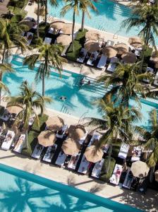 an overhead view of a pool with umbrellas and palm trees at The Setai, Miami Beach in Miami Beach