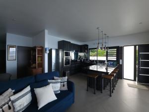 Il comprend un salon avec un canapé bleu et une cuisine. dans l'établissement Villa MATOANUI, à Tevaitoa