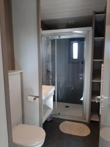 La salle de bains est pourvue d'une douche en verre et de toilettes. dans l'établissement Plénisud, à Pomérols