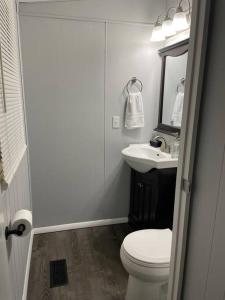 a white bathroom with a toilet and a sink at Bright 3bdrm perfect location 2.5 mi to SPAC , Close to track, downtown and Saratoga hospital in Ballston Spa