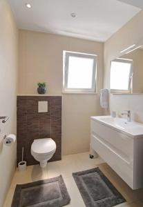 a bathroom with a white toilet and a sink at Seaside Apartment M Zaton 5 - Sea View & Parking in Zaton