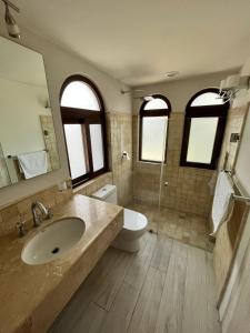 uma casa de banho com um lavatório, um WC e um espelho. em Suites Casa Mateo San Miguel Allende em San Miguel de Allende