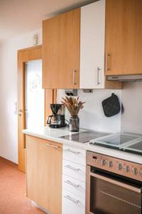 a kitchen with wooden cabinets and a stove top oven at Jules Ferienhaus im Allgäu mit Garten in Willofs +23 photos