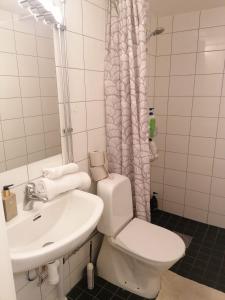 a bathroom with a toilet and a sink at Ett rums lägenhet med egen ingång, parkering in Örebro