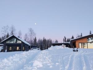 een hoop sneeuw voor een gebouw bij VillaNorva in Saarenkylä +37 foto's