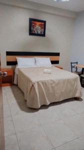 um quarto com uma cama com uma fotografia na parede em Hostal Parisuite em Lima