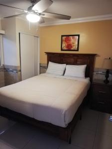 Suites Leon Rojo في تيخوانا: غرفة نوم بسرير كبير مع مروحة سقف