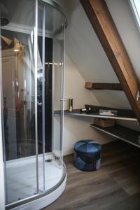 a bathroom with a glass shower in a attic at B&B de Hartewens in Zuidland