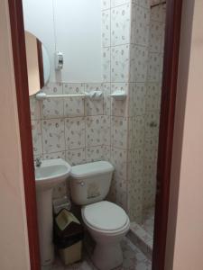 La petite salle de bains est pourvue de toilettes et d'un lavabo. dans l'établissement HOSTAL EL CARIBE, à Ayacucho