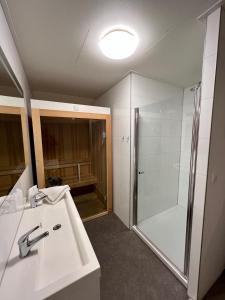 een badkamer met een douche en een witte wastafel bij Holiday Home Maridu Wellness in Arnhem