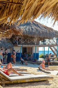 Un groupe de personnes sur la plage près d'une cabane de paille dans l'établissement Dahlandia, à Isla Mucura
