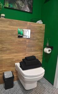 a green bathroom with a toilet with a black seat at Cozy two-room apartment in Istanbul
