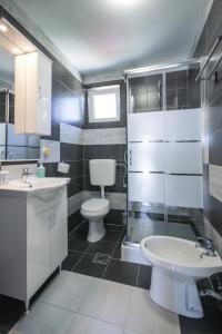 een badkamer met een toilet, een wastafel en een douche bij Apartment Tosca with Parking in Rovinj