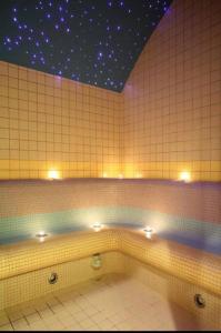 a bathroom with a tiled wall with stars on the ceiling at Lodge Euphoria Apartment in Borovets