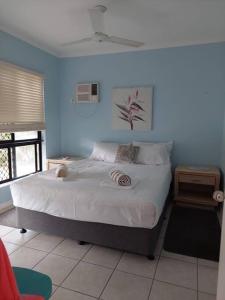 a bedroom with a large bed with a blue wall at City centre, tropical home, minutes walk to shops. in Cairns