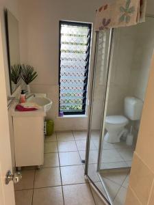 a bathroom with a sink and a toilet and a window at City centre, tropical home, minutes walk to shops. in Cairns
