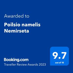 Πιστοποιητικό, βραβείο, πινακίδα ή έγγραφο που προβάλλεται στο Poilsio namelis Nemirseta