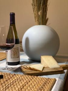 una botella de vino y un plato de queso y un vaso en Relax en el Pirineo en Montanúy