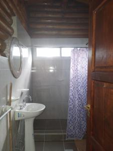 W łazience znajduje się umywalka i prysznic. w obiekcie CABAÑAS LAS ACACIAS w mieście Colonia Las Rosas