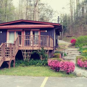 eine kleine Hütte mit einer Veranda und einer Treppe dazu in der Unterkunft Overlook Cottage in Hampton