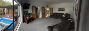 a living room with a couch and a tv at Warm on Waterloo in Palmerston North