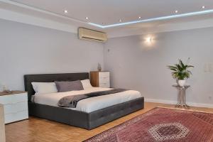 a bedroom with a large bed and a rug at Haus mit traumhaften Ausblick in die Natur in Purkersdorf