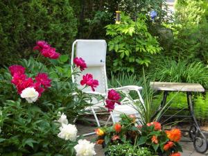 a white chair sitting in a garden with flowers at L'Arvidienne Couette et Café in Quebec City