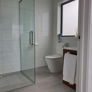 a bathroom with a toilet and a glass shower at Piwakawaka Suite in Balclutha