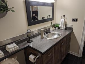 a bathroom with a sink and a mirror at Suites On King in Niagara on the Lake