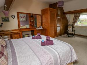 a bedroom with a large bed with two purple objects on it at Tanyrallt Farm in Beulah