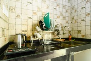 a kitchen sink with a dish drying rack next to it at Jolene's Ashvem in Mandrem