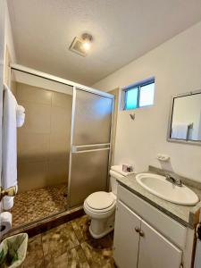 W łazience znajduje się prysznic, toaleta i umywalka. w obiekcie Hotel Los Caracoles w mieście Guerrero Negro