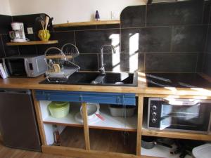 eine Küche mit einer Spüle und einer Mikrowelle in der Unterkunft Studio Étel, 1 pièce, 2 personnes - FR-1-479-93 in Étel